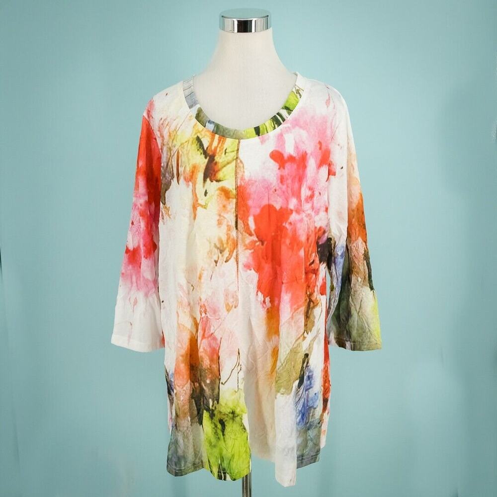 Parsley & Sage Size XL White Abstract Floral Scoop 3/4 Sleeve Artsy Tunic Top